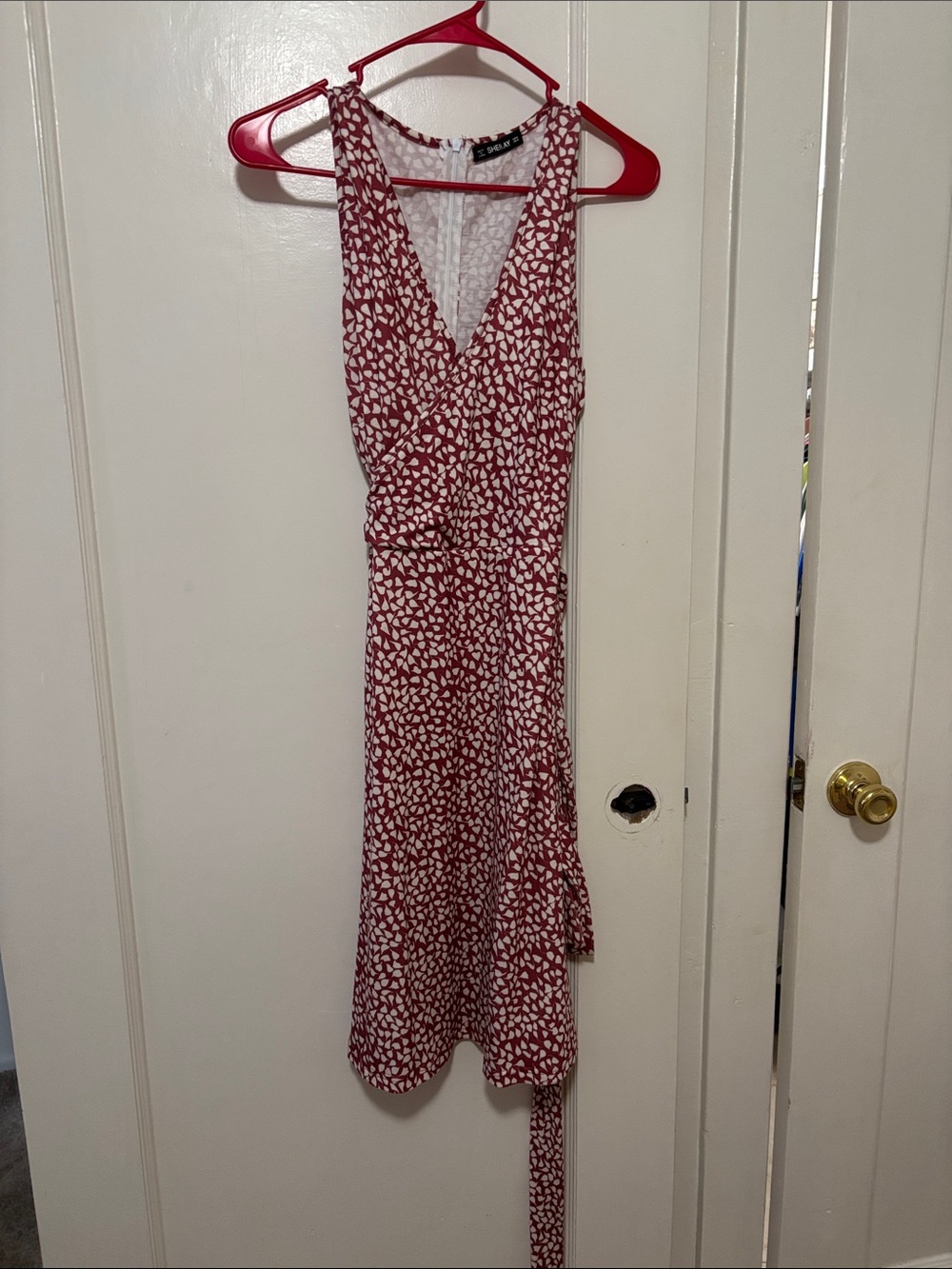 Red Printed Wrap Midi Dress with Tie Waist
